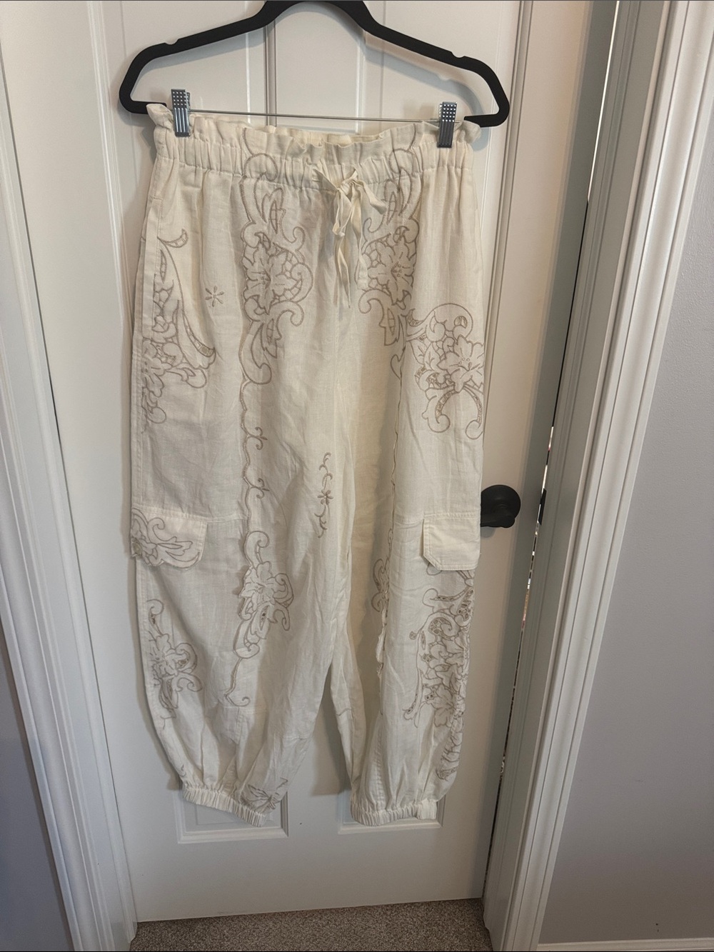 Anthropologie Cream Embroidered Drawstring Cargo Joggers